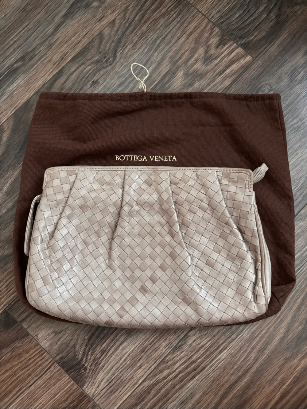 Vintage Bottega Veneta Taupe Intrecciato Leather Clutch